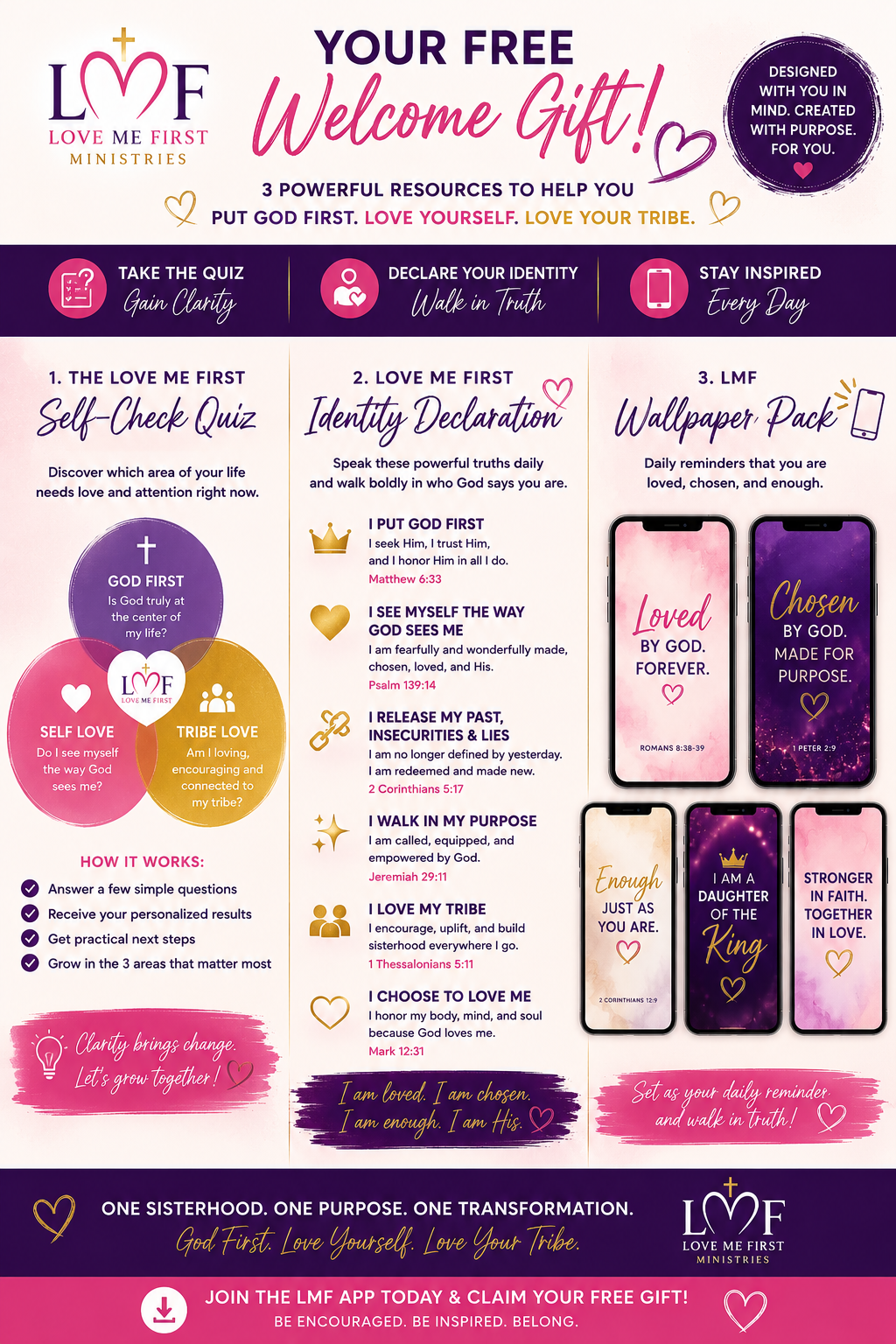 Your free Love Me First welcome gift: Self-Check Quiz, Identity Declaration, and Wallpaper Pack